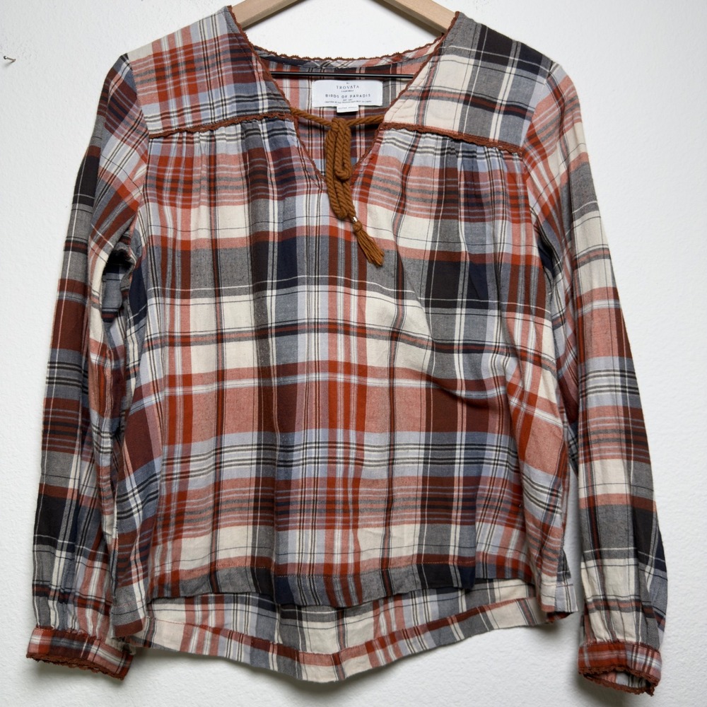 Trovata Birds of Paradis Women Caroline Cotton Top XS Rust Plaid Boho Cottage
